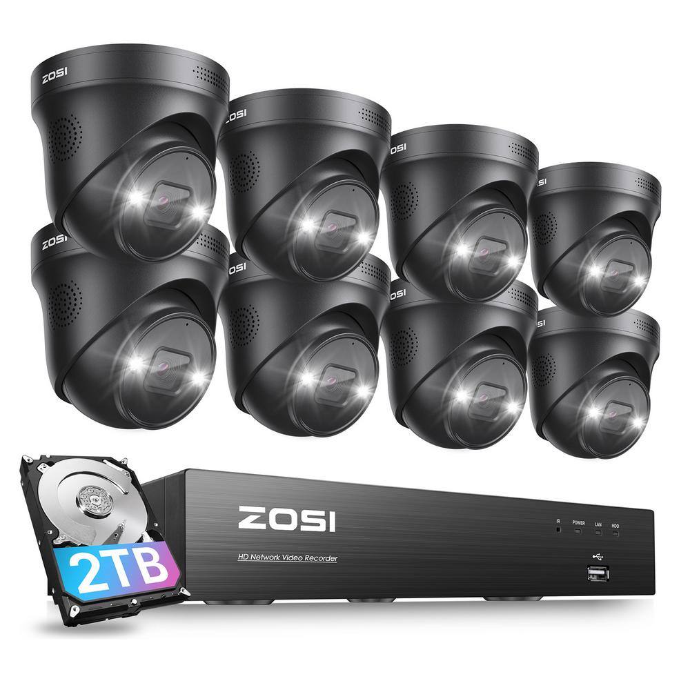 ZOSI 4K UHD 8-Channel 2TB PoE NVR Security Camera System with 8 8MP Wired Black Spotlight Cameras Person Vehicle Detection 8SN-2258AB8-20-US1