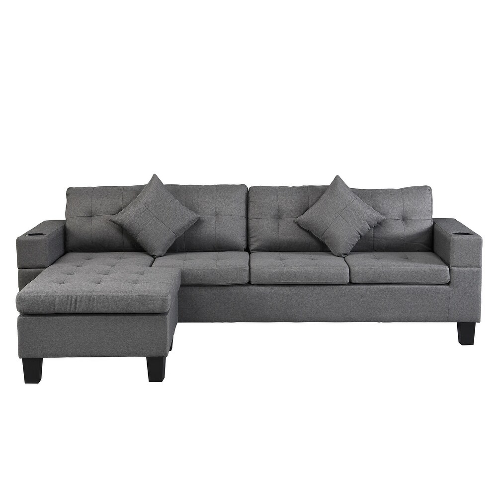 4 seat Straight Row Sectional Sofa Linen Chaise Lounge Couch with 2 Cup Holders and 2 Throw Pillows  for Living Room