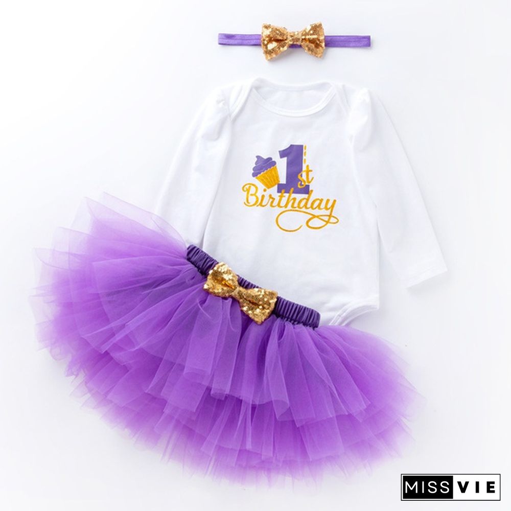 2 Style Baby Girls First Birthday Christmas Outfits 3Pcs = Long Sleeve Cotton Romper + Tutu Dress + Bowknot Headband Infant Kids Clothing