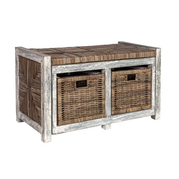 2 Drawer Wicker Storage Bench Gray