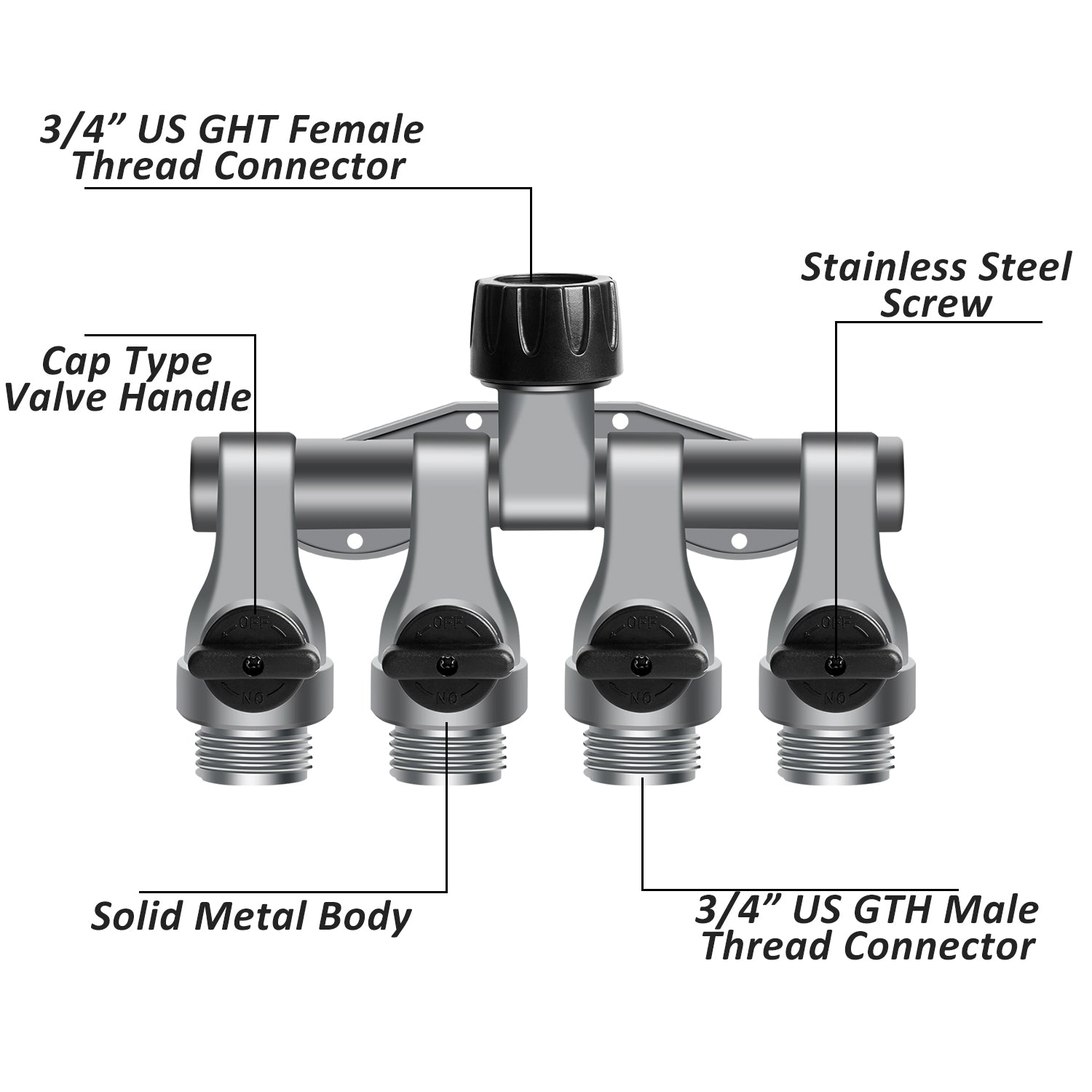 STYDDI Full Flow 4-Way Garden Hose Splitter， Metal High-Flow Four Way Shutoff Garden Hose Splitter， Professional Water Hose Manifold， High Flow Outdoor Spigot 4 Splitter with Cap Type Valve