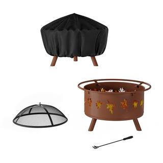 Pure Garden 32 in. W x 25 in. H Round Steel Wood Burning Outdoor Deep Fire Pit in Rugged Rust with Leaf Cutouts HW1500257