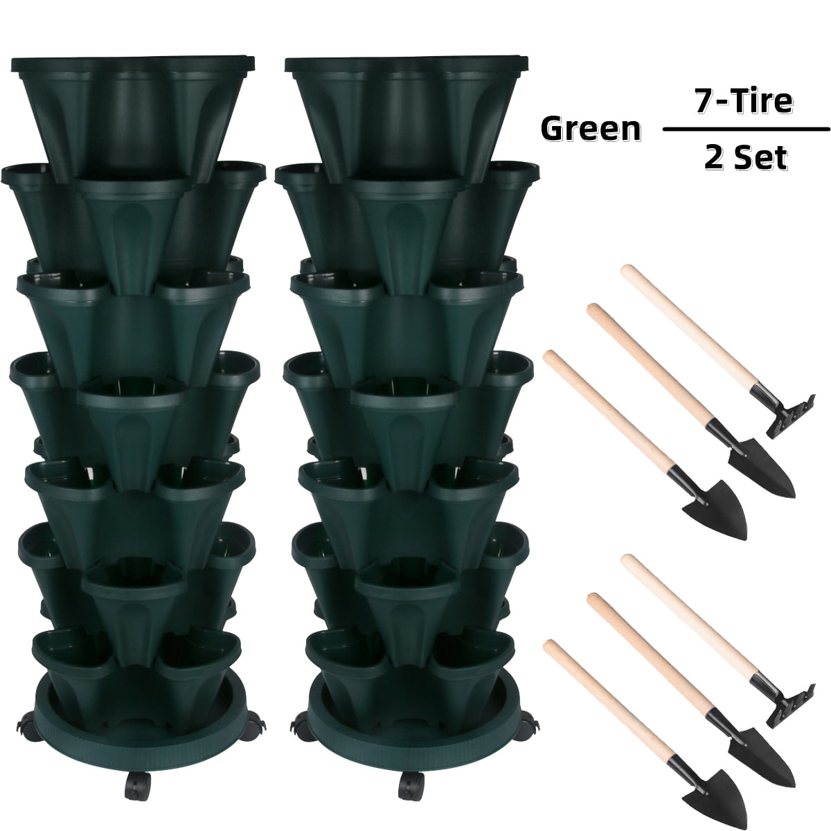 Strawberry Vertical Planter Tower Garden, 7 Tiered Planter Stackable Herb Garden Planter with Movable Casters and Bottom Saucer Indoor and Outdoor - Green - 2Set