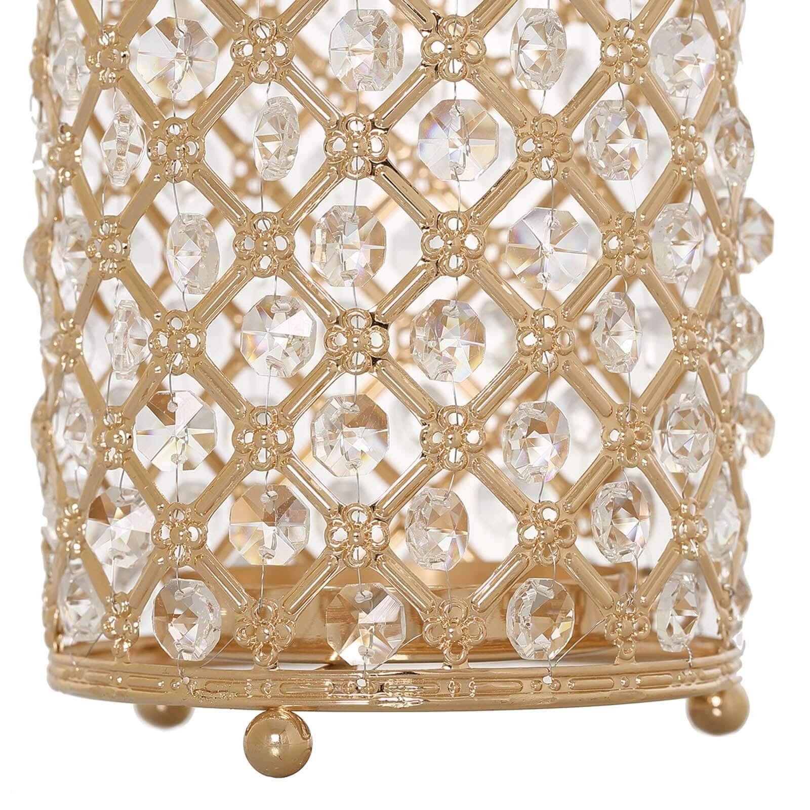 2 Pack Gold Metal Crystal Beaded Pillar Votive Candle Holder Set, Multipurpose Crystal Stem Vase 9