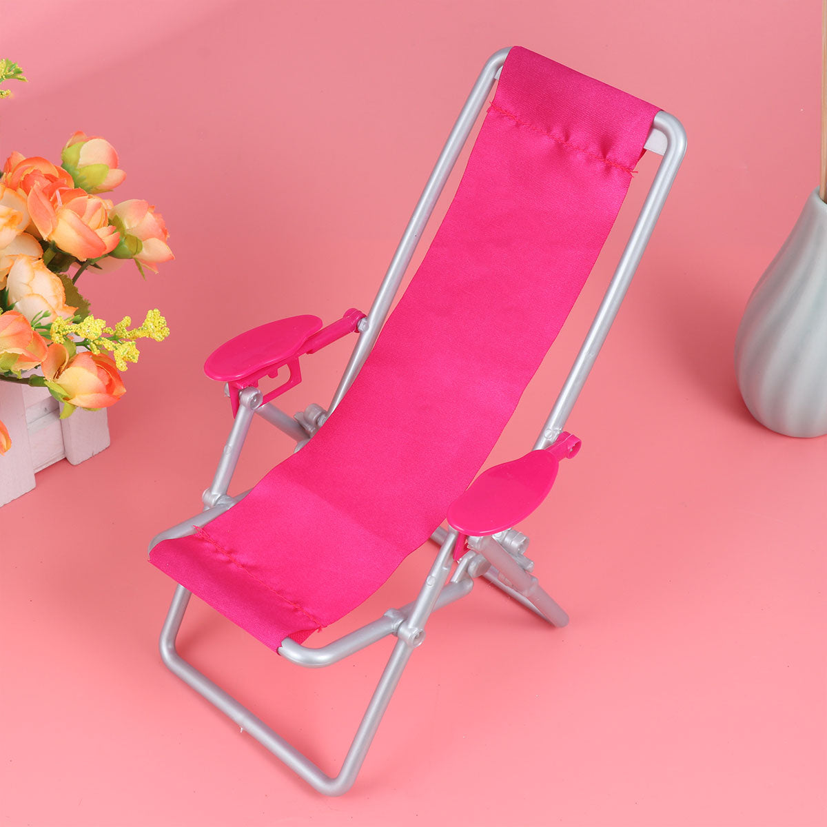 Etereauty Mini Deck Chair Oxford Cloth Small Simulation Adjustable Folding Beach Chair for Home Model Doll House Accessories