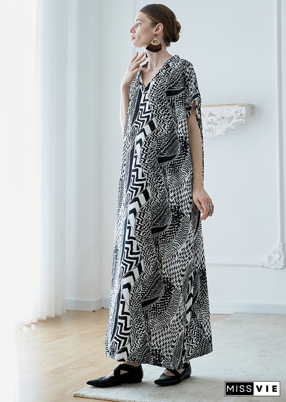 French Black V Neck Print Pockets Chiffon Robe Dresses Summer