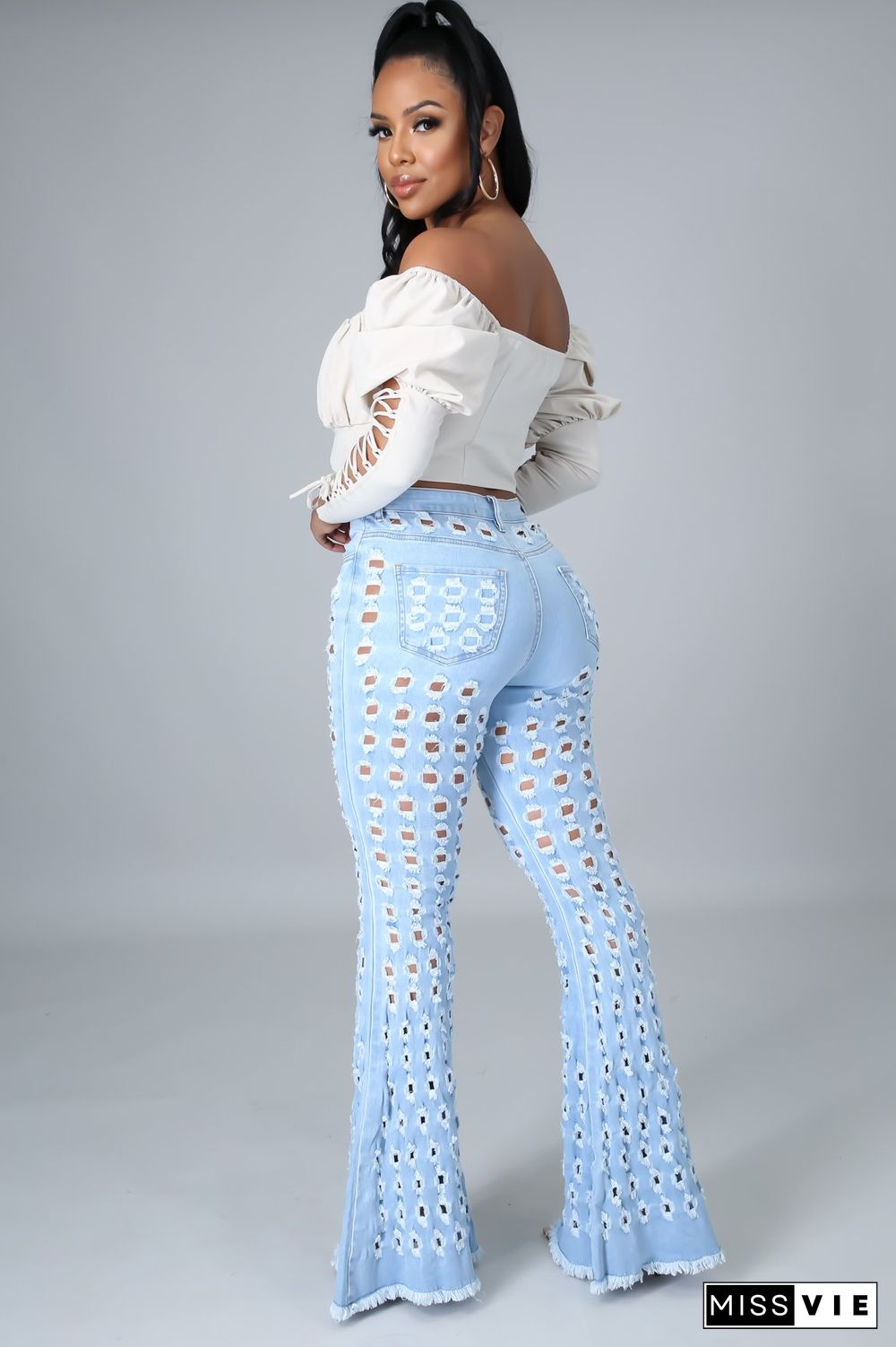 Sexy Stretch Denim Flared Pants With Ripped Holes