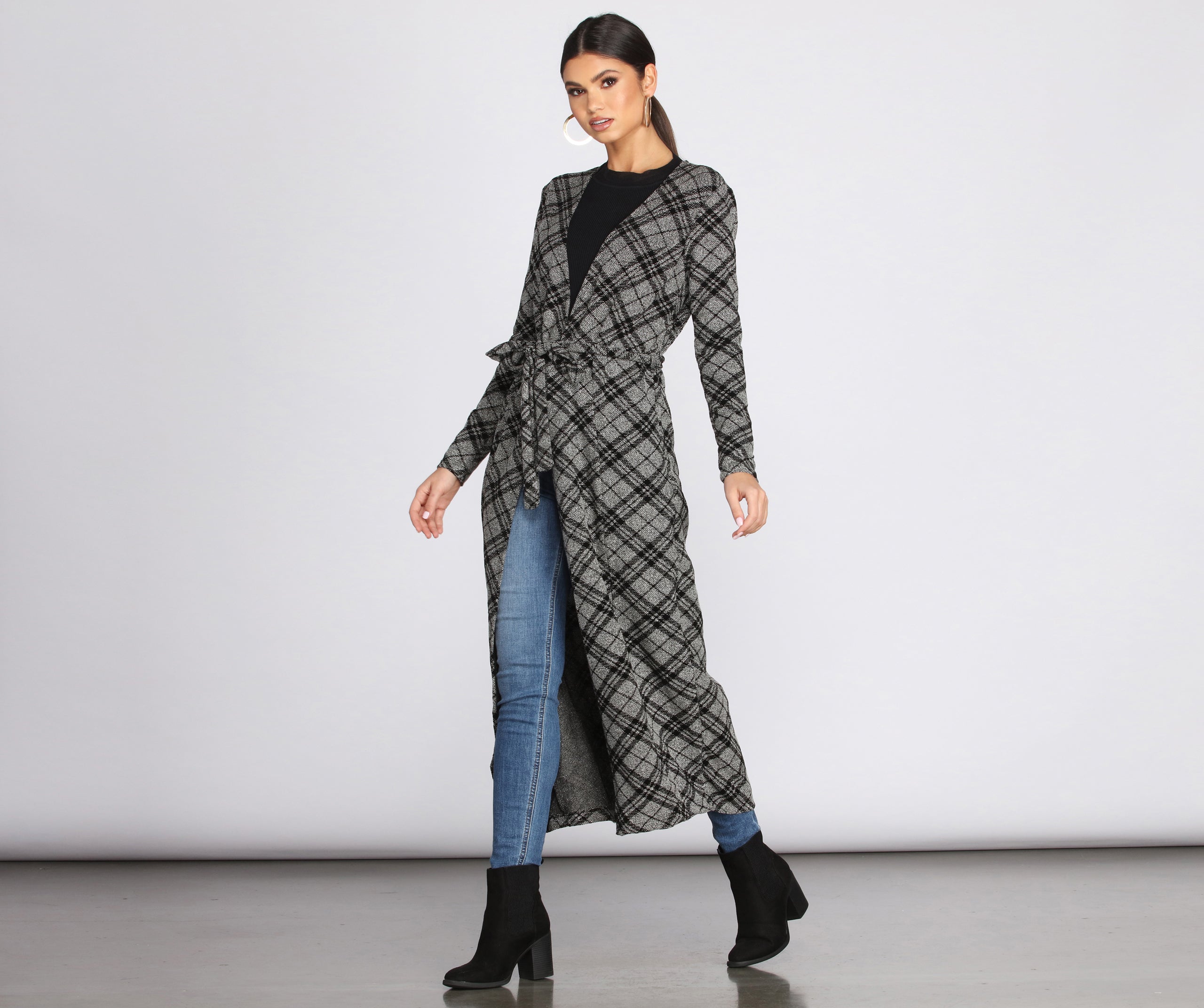 Belted Plaid Knit Duster