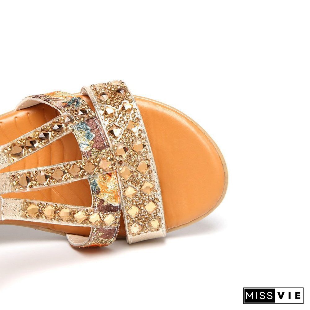 Bohemian Slip On Rhinestone Wedge Round Toe Beach Sandals