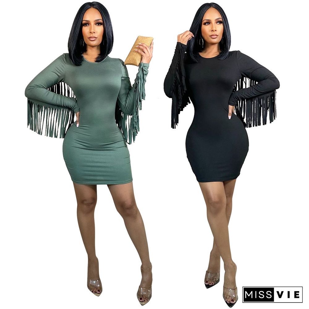 Solid Long Sleeve Tassel Bodycon Pencil Dress