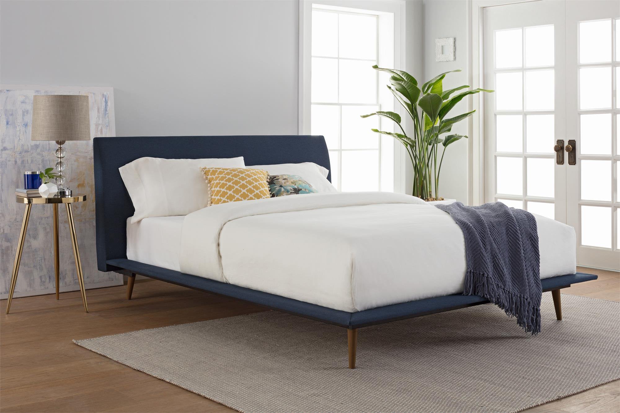 Better Homes & Gardens Flynn Mid Century Bed, Platform Frame, Queen, Blue Linen