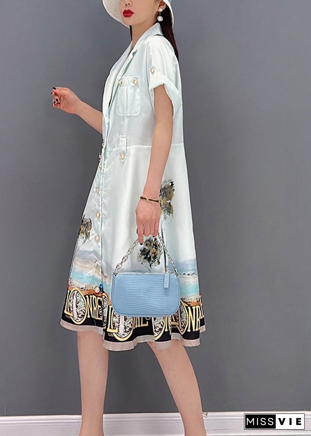 Beautiful White Button Peter Pan Collar Pockets Print Silk Shirt Dress Short Sleeve