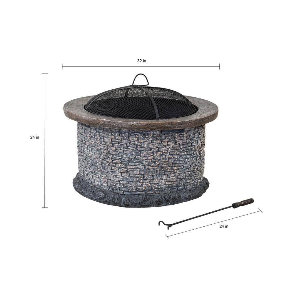 Sunjoy Lankershim Stone 31.89 in. x 24.21 in. Round Steel Wood Burning Firepit 169506