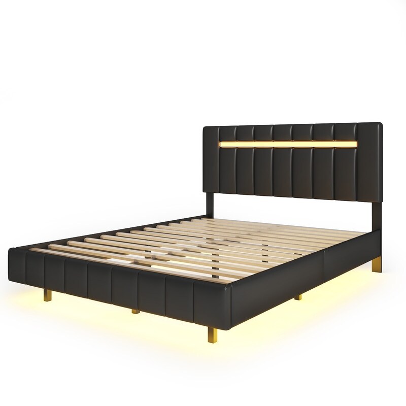 PU Upholstered Platform Bed with LED Lights and USB Charging Queen Size