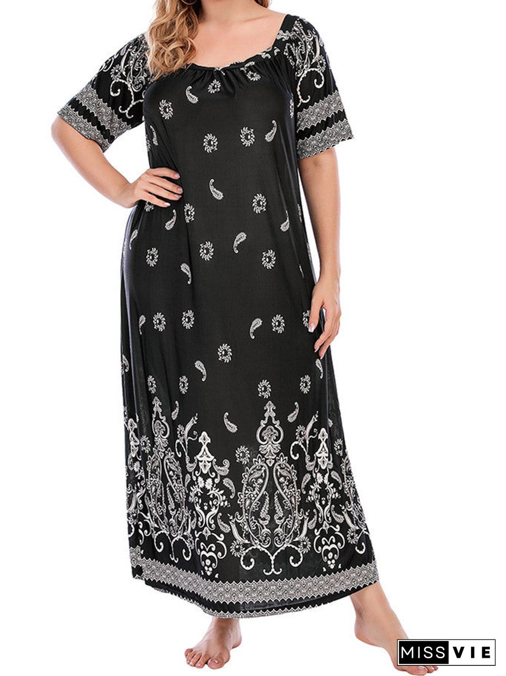 Women's Short Sleeve Round Neck Printed Plus Size Casual Homewear Dress