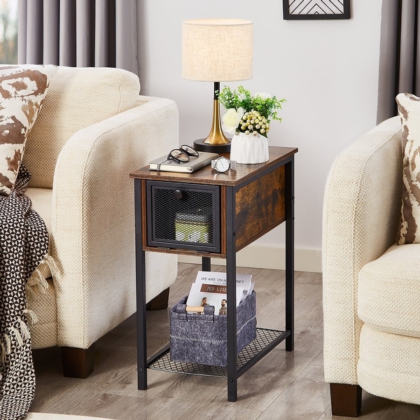 Set of 2 Flip Top Side Table with 1-Drawer and Steel Mesh Shelf ，Slim Sofa Table， Rustic Brown