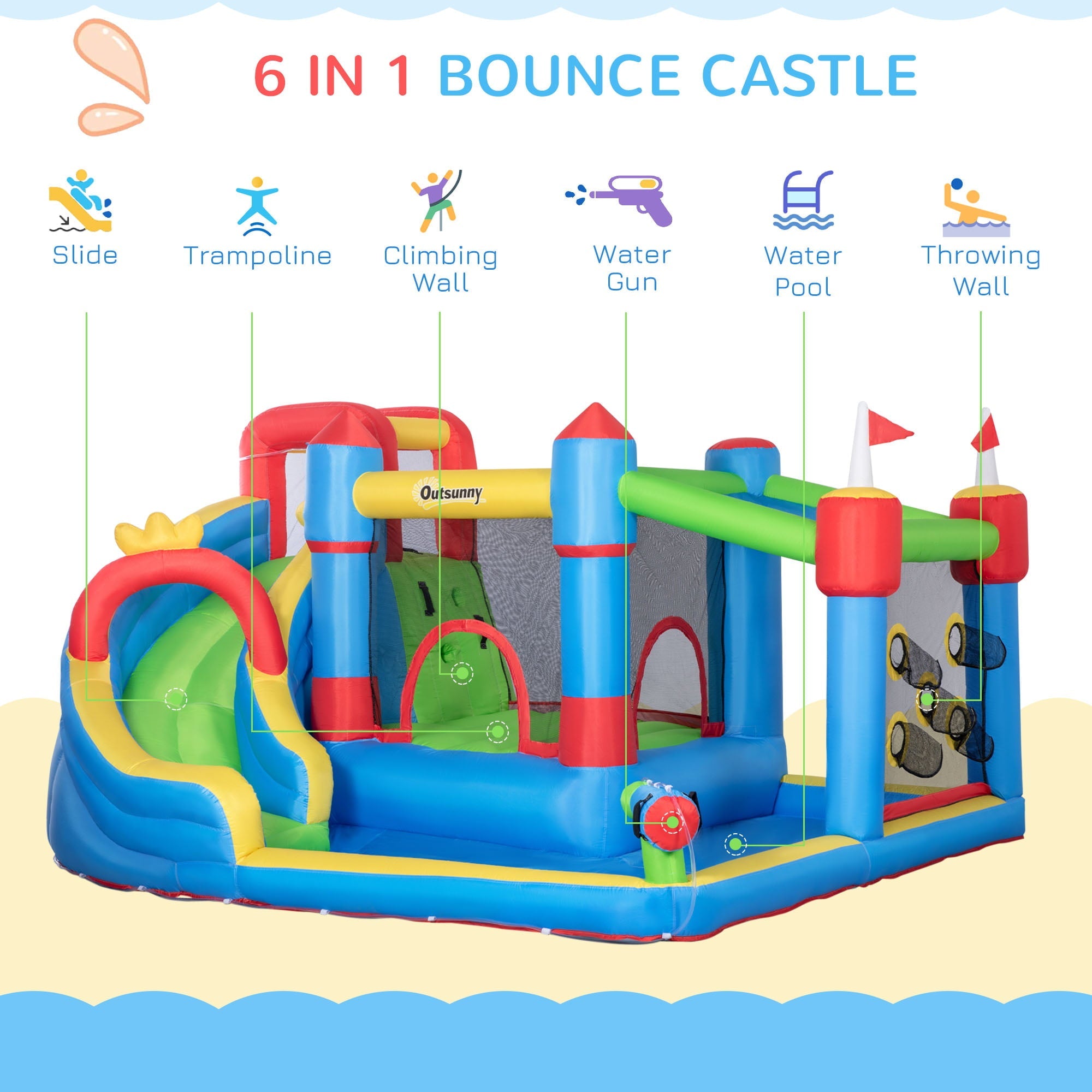 Outsunny 6-in-1 Inflatable Water Slide, Kids Water Park Castle Bounce House Includes Slide, Trampoline, Pool, Cannon, Climbing Wall, Throwing Wall with Carry Bag, Repair Patches, 450W Air Blower