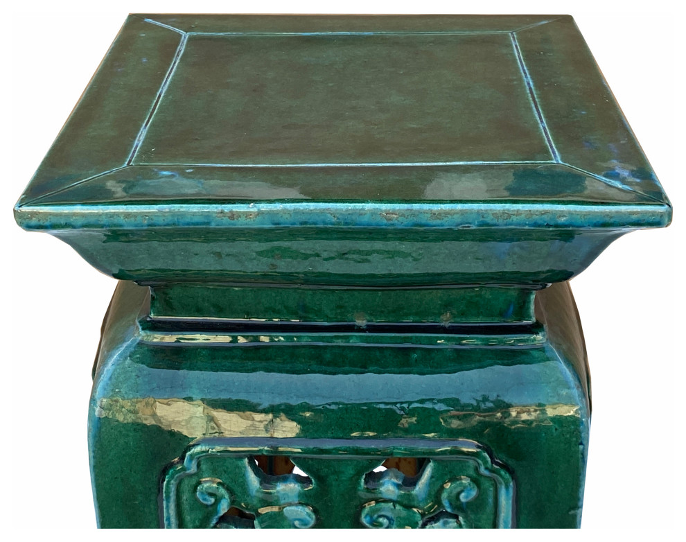 Ceramic Clay Green Square Tall Pedestal Table Bats Dragons Stand Hcs7010   Asian   Side Tables And End Tables   by Golden Lotus Antiques  Houzz