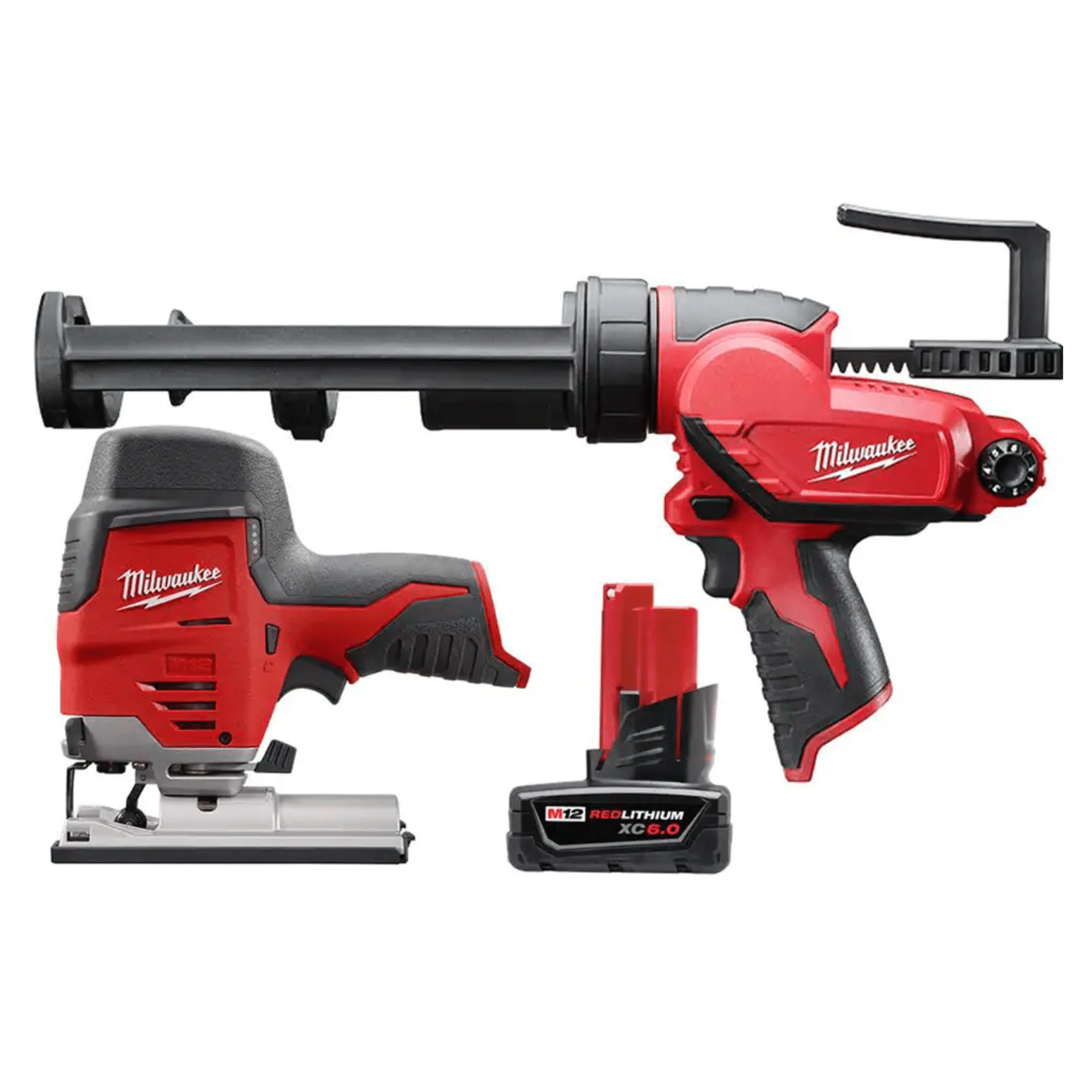 Milwaukee M12 12-Volt Lithium-Ion Cordless Jig Saw with M12 10 oz. Caulk and Adhesive Gun and 6.0 Ah XC Battery Pack (2445-20-2441-20-48-11-2460)