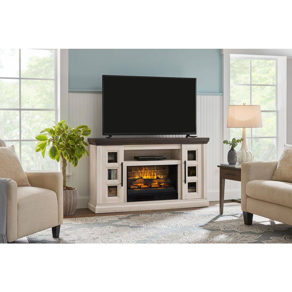 StyleWell Chelsea 58 in. Freestanding Electric Fireplace TV Stand in Light Taupe Ash Grain w Charcoal Top HDFP58-63E