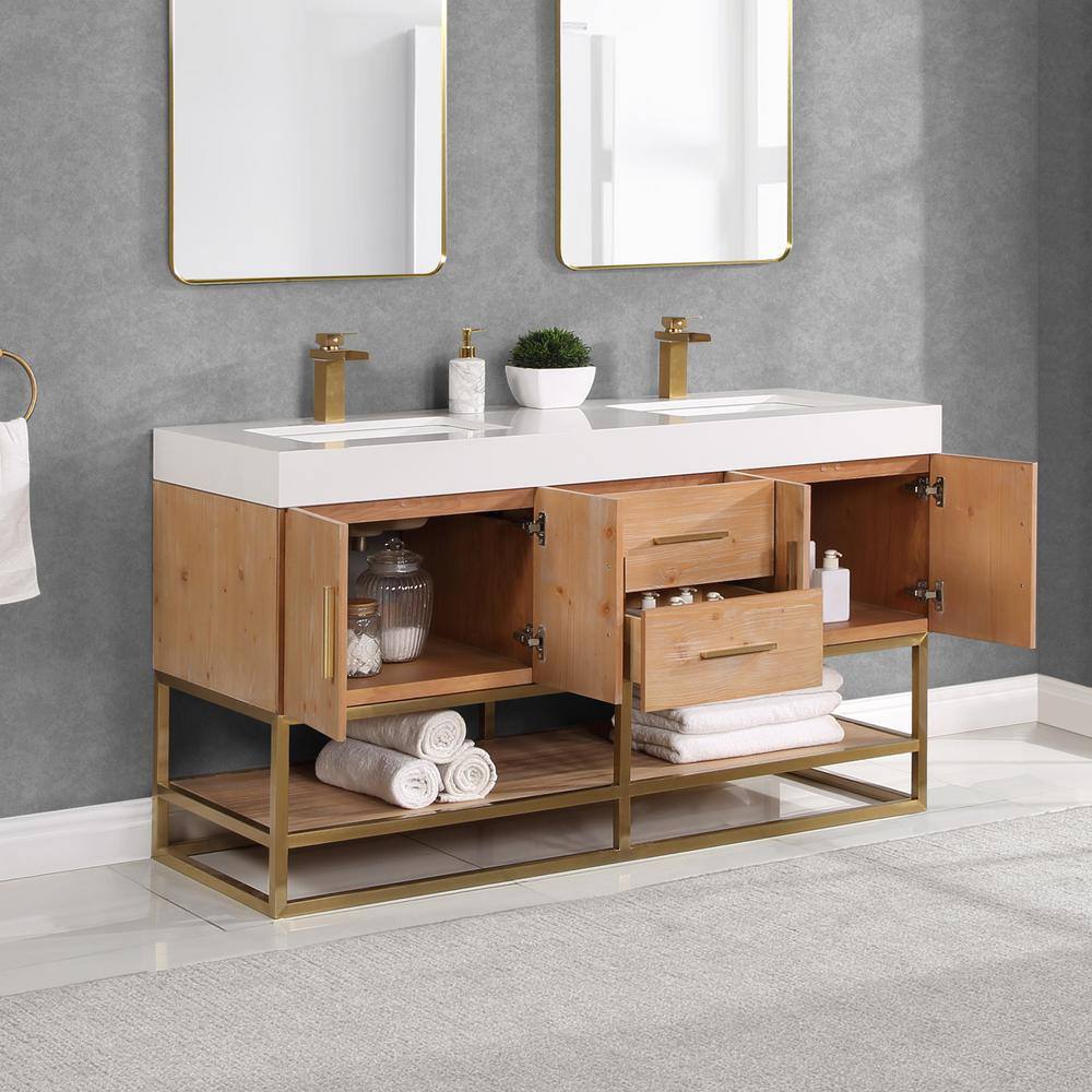 Altair Bianco 60 in. W x 22 in. D x 34 in . H Double Sink Bath Vanity in Light Brown with White Composite Stone Top 552060G-LB-WH-NM