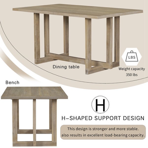 Wooden six-piece dining table H-shaped support design Dining table four chairs upholstered one wooden stool