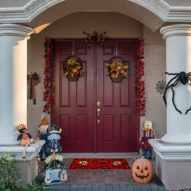 White Skulls With Black Ivy Estate Rectangle Indoor And Outdoor Estate Coir Door Welcome Mat Orange And Black