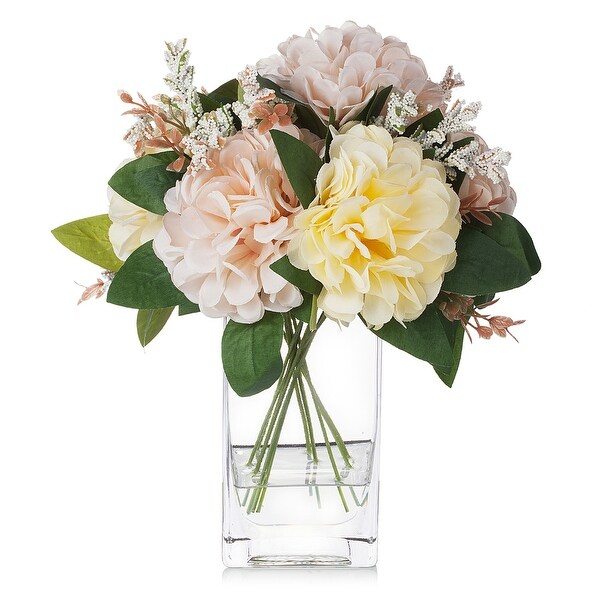 Enova Home Artificial Silk Dahlia Fake Flowers Arrangement in Clear Rectangular Glass Vase with Faux Water for Home Decór