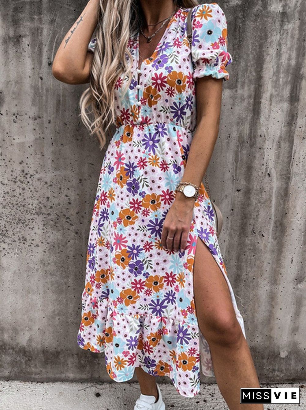 Women Summer Fashion V Neck Short Sleeve Print Long Dress Beach Boho Dress Split Ladies Dress