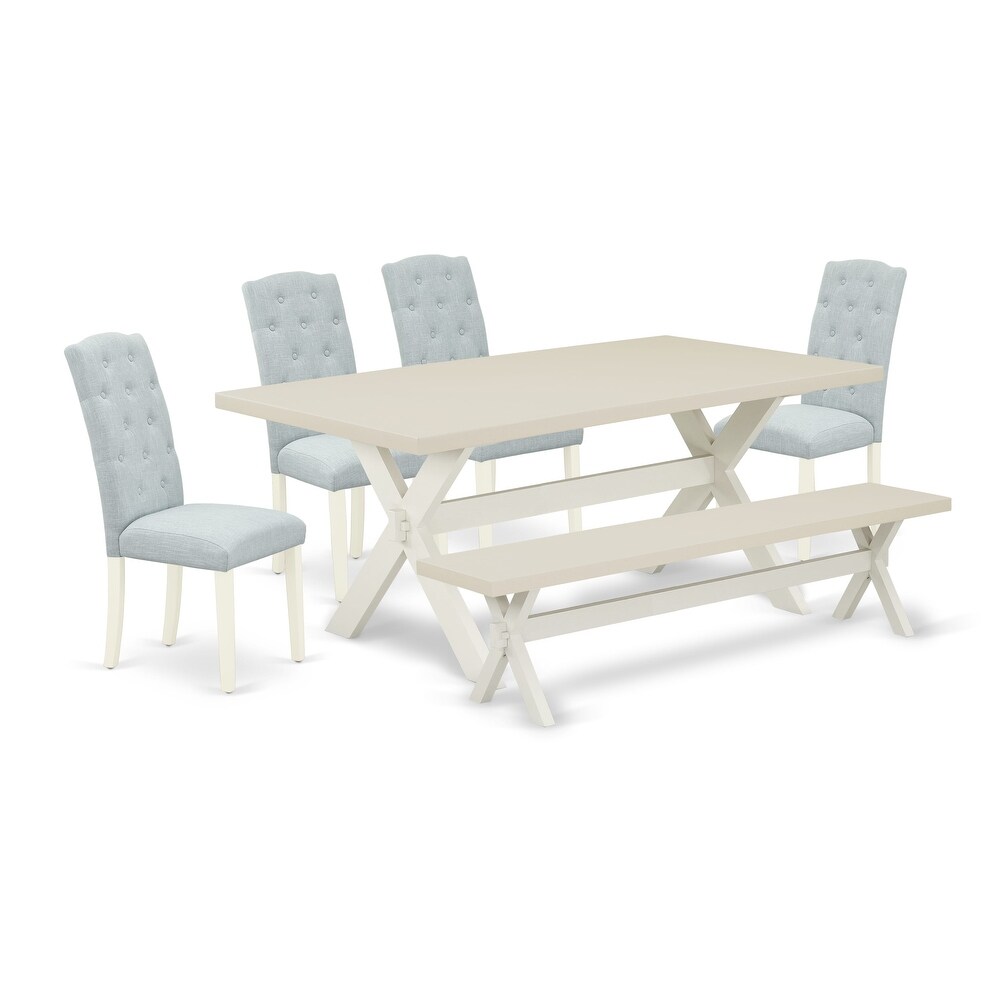 East West Furniture Table Set  a Table with X Legs and Baby Blue Linen Fabric Upholstered Chairs  Off White(Pieces Options)