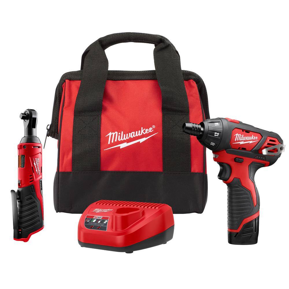 MW M12 12V Lithium-Ion Cordless 38 in. Ratchet and Screwdriver Combo Kit (2-Tool) with Battery Charger Tool Bag 2401-21R