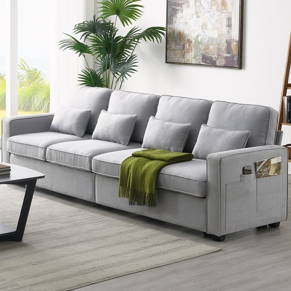 4-Seater Linen Fabric Sofa with Armrest Pockets and 4 Pillows