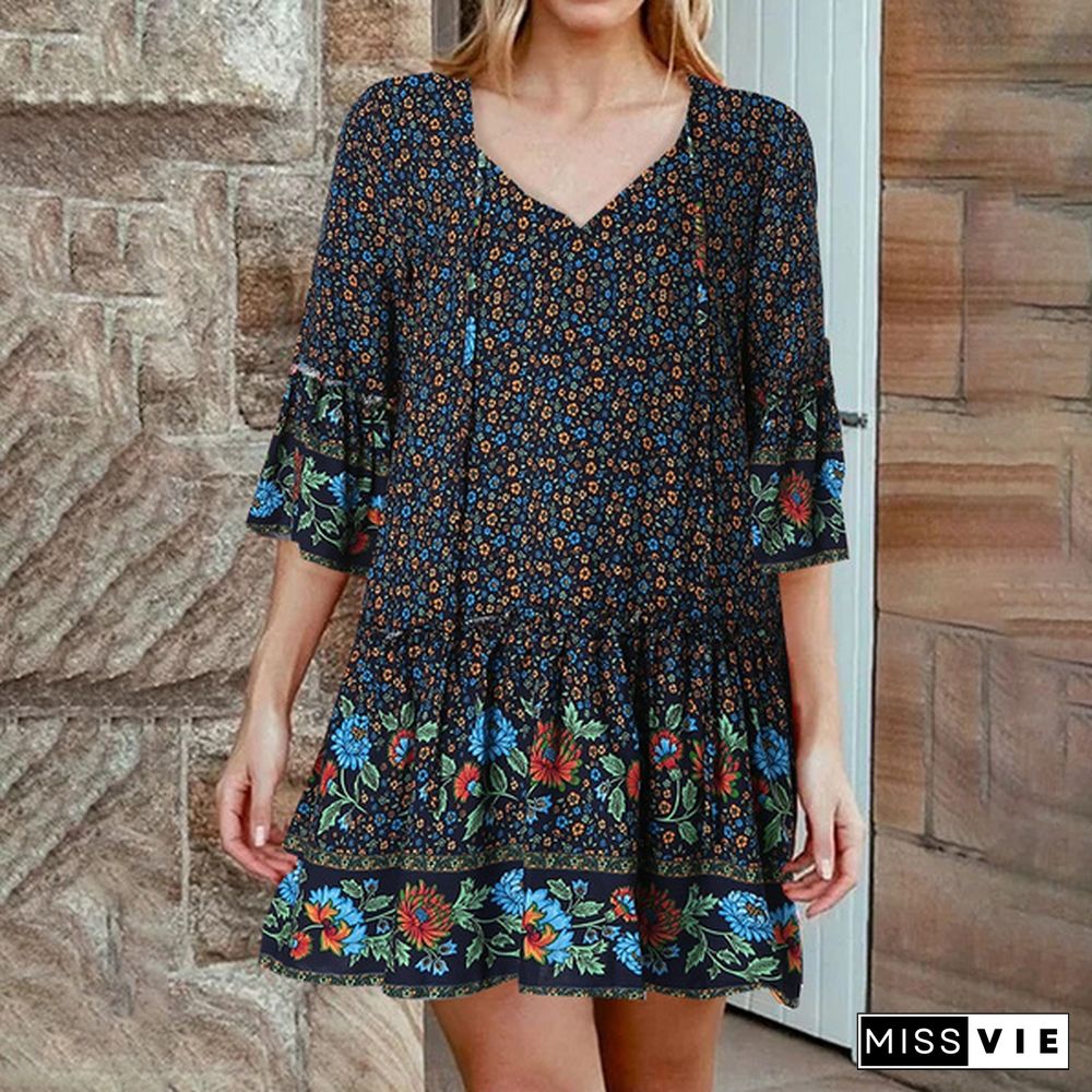 Women Loose Casual Holiday V Neck Floral Printed Sundress Ruffle Beach Mini Shirt Dress Plus