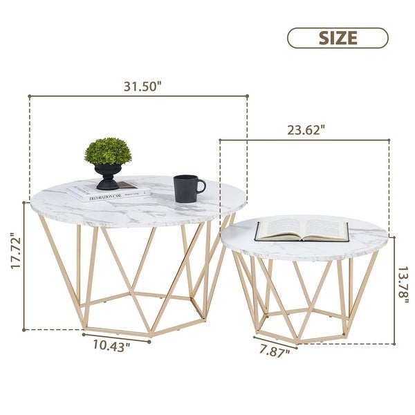 ivinta Round Coffee Table Set of 2， Modern End Tables for Living Room， Tempered Glass/White Faux Marble Tea Tables