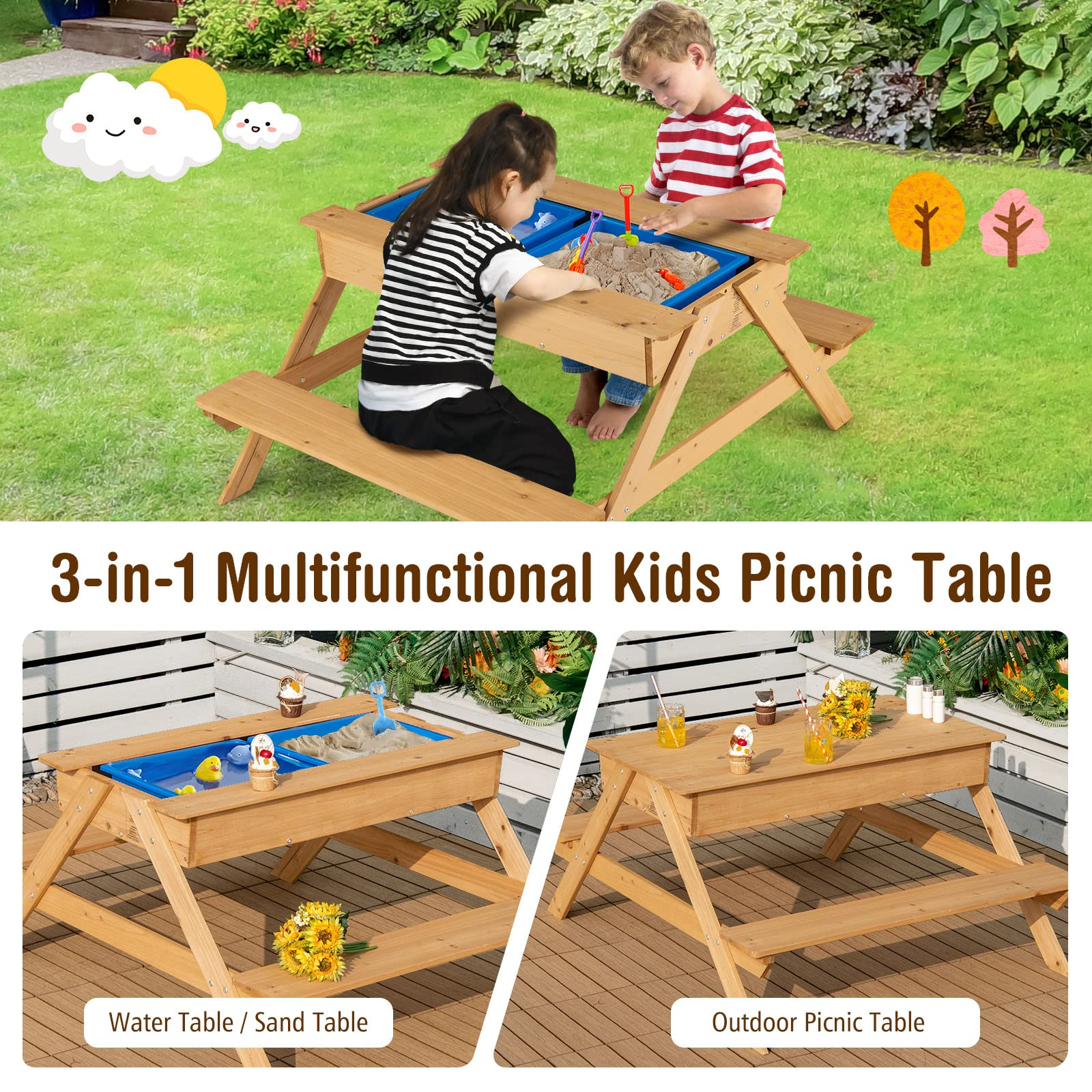 Costzon Kids Picnic Table, 3 in 1 Multipurpose Sand & Water Table w/Removable Top & 2 Storage Boxes