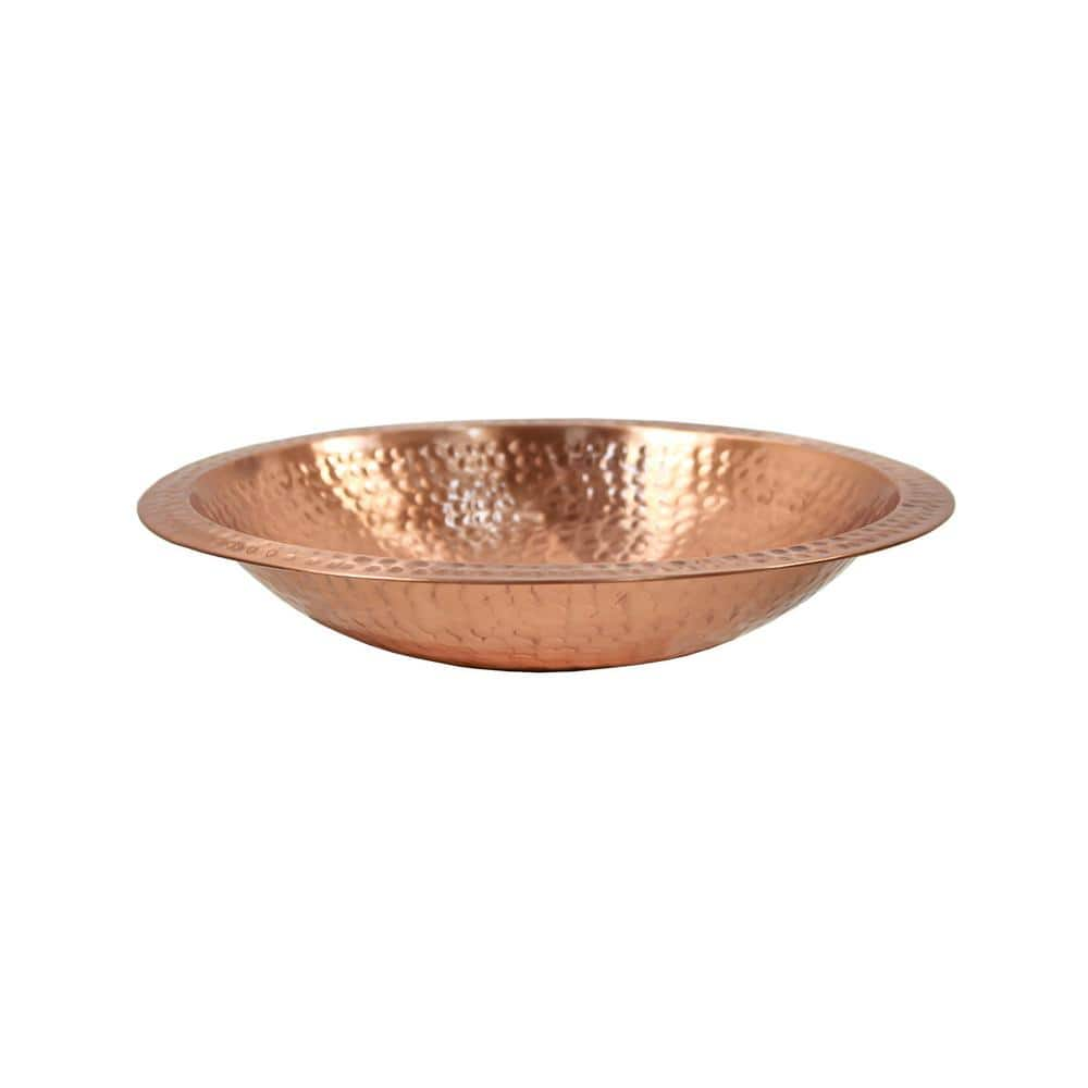 ACHLA DESIGNS 14 in. W Round Satin Hammered Solid Copper Birdbath Bowl with Rim， Garden Accent， Outdoor Accessory BBHC-03