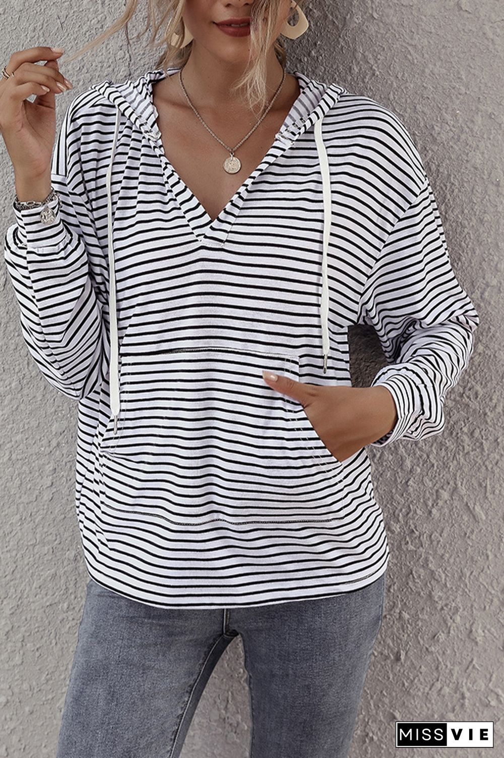 Stripes V Neck Front Pocket Drawstring Hoodies Wholesale