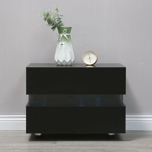 LED Modern Glossy Nightstand With 2 Drawers Bedside Night Light - - 36335243