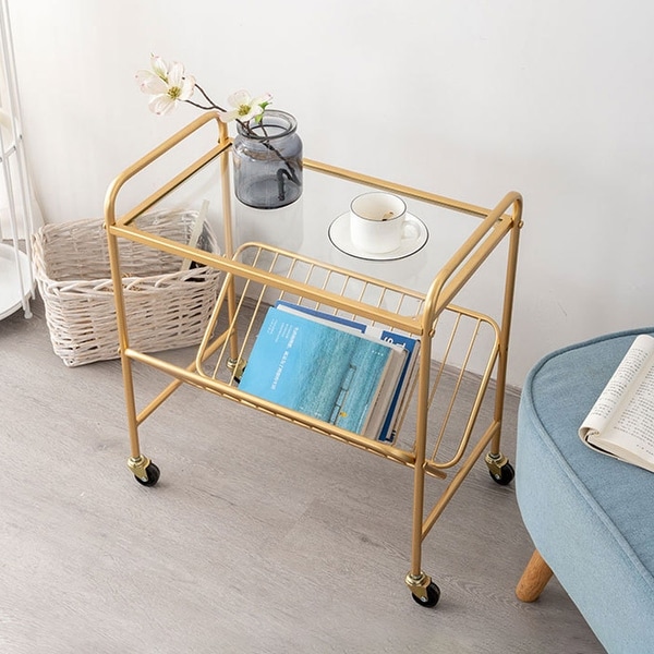 Mobile Gold Glass-top End Table with Magazine Rack