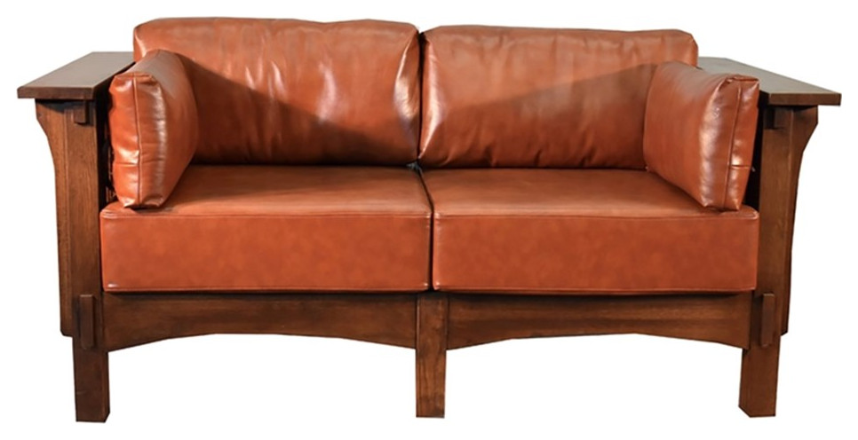 Arts and Crafts/Craftsman Crofter Style Love Seat Russet Brown Leather  RB1   Craftsman   Loveseats   by Homesquare  Houzz