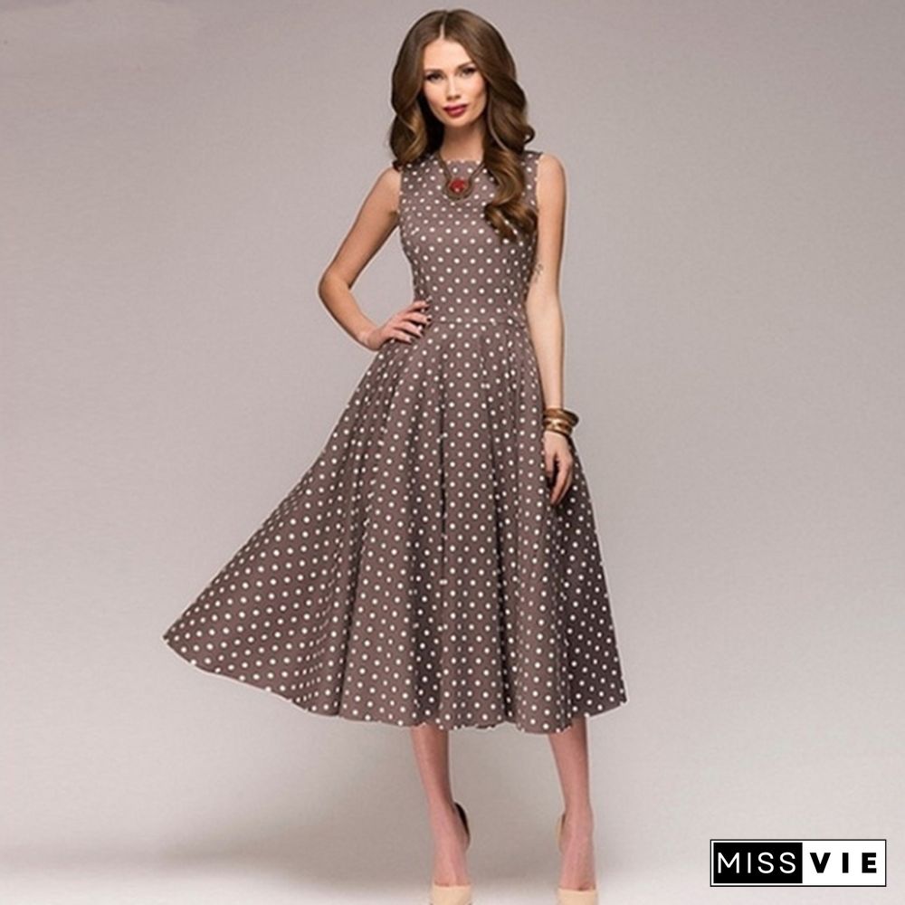 Vintage Polka Dot Swing Party Dresses Women Sleeveless O-neck Elegant Dress Casual Boho Midi Dress