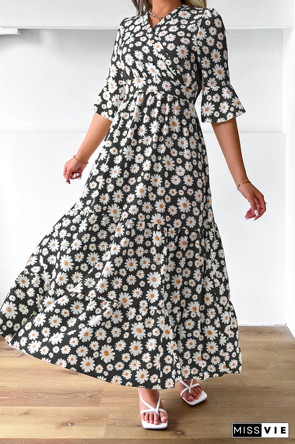 Paisley Floral Print Flare Sleeves Maxi Dress Wholesale