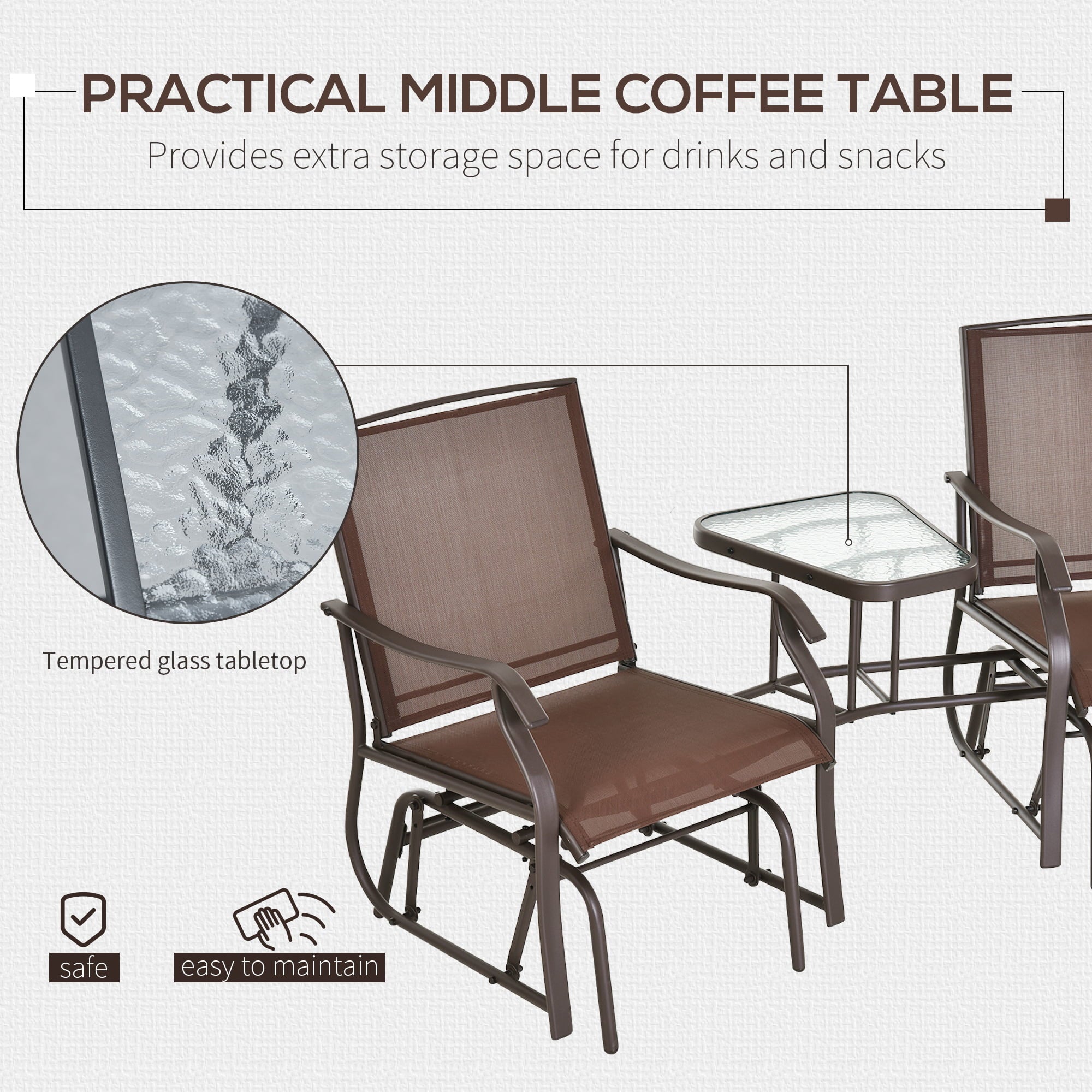 Outsunny Outdoor Glider Chairs with Coffee Table 2-Seat Chair Swing Loveseat with Sling Coffee Brown