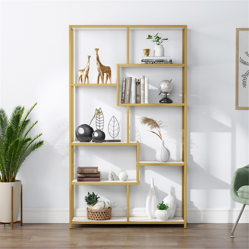 Bookshelf Bookcase  Gold 8 Open Shelf Etagere Bookcase with Faux Marble