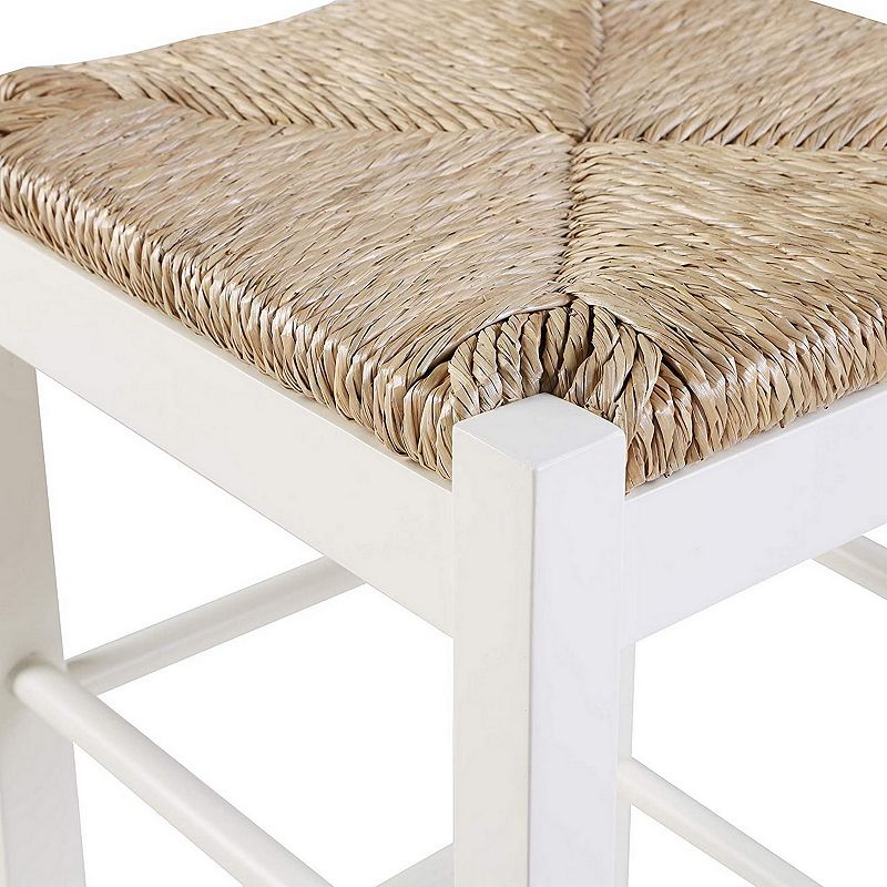 Square Wooden Frame Barstool with Hand Woven Rush， White and Brown