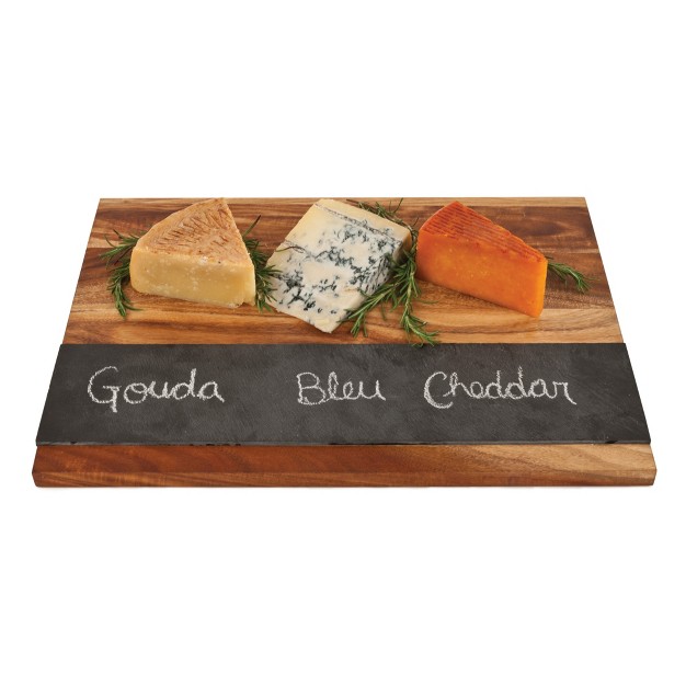 Twine Rustic Farmhouse Wood With Slate Cheese Board Chalk Set Acacia Wood And Natural Slate Cutting Board Soapstone Chalk Gourmet Gift Set Brown