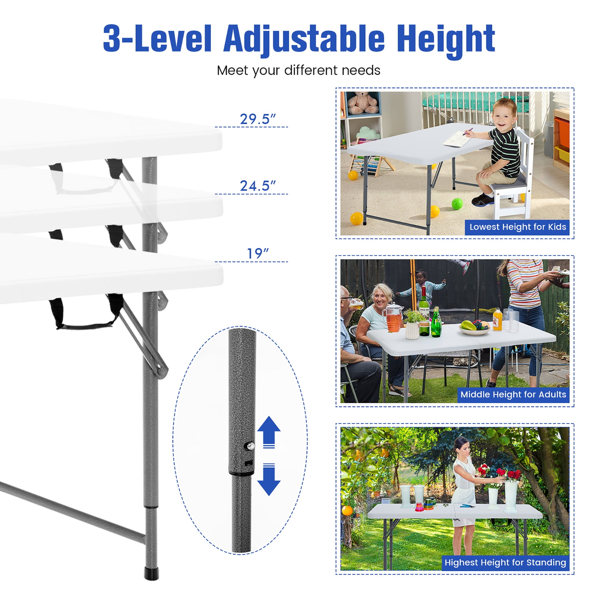 Costway Folding Table Portable Bi-fold Picnic Dining Table w/ 3-Level Height Adjustment