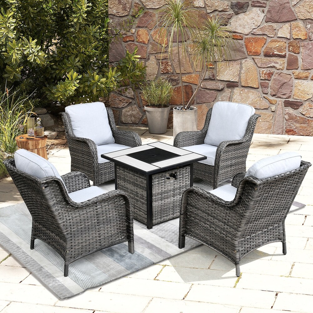 OVIOS Rattan Wicker 5 piece Patio Furniture Set Single Chairs With Fire Pit