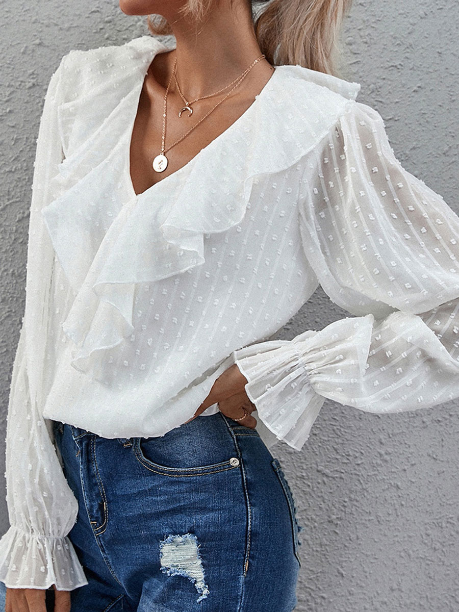 V-neck Casual Loose Jacquard Long-sleeved Blouse