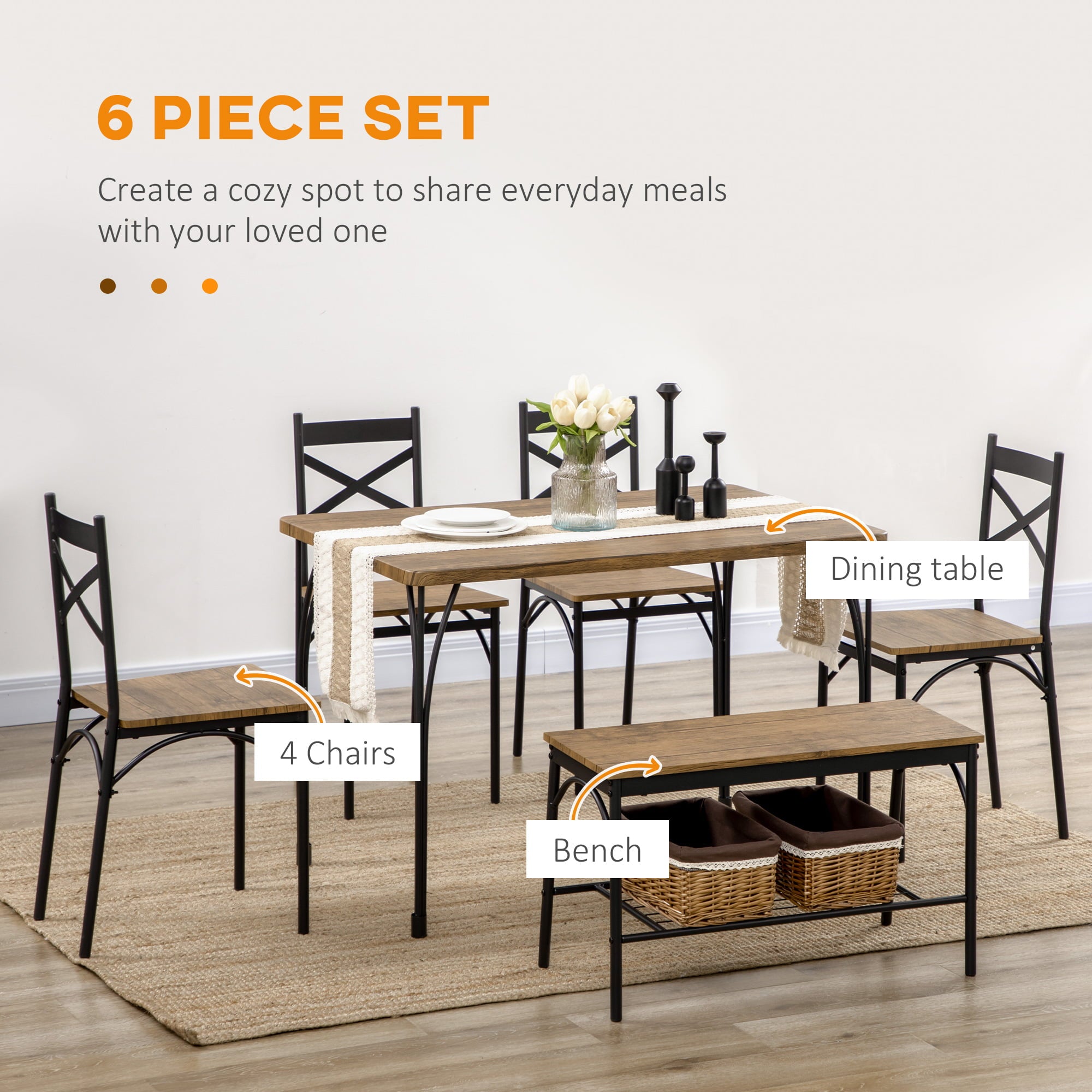 Industrial Dining Table Set for 6 People, 6 Piece Kitchen Table and Chairs Set, Dinner Table with Bench, Steel Frame and Storage Shelf, Dinette Set, Rustic Brown